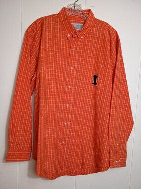 Illinois Fighting Illini Long Sleeve Orange Plaid Button Down Dress Shirt Mens L